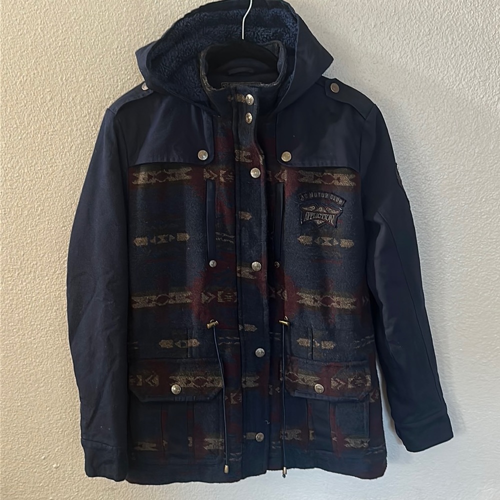 NEW Affliction Black Premium Navy Blue Tribal Full Zip Hooded Jacket Size S NWT